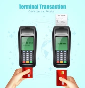 Credit Bank Card Payment Receit Set. Credit bank card reader transaction payment moment with receipt coming from device realistic images set vector illustration 