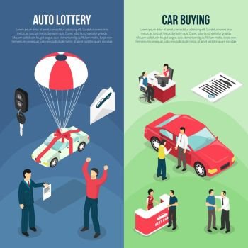 Car Dealership Leasing Vertical Banner Set. Two colored car dealership leasing vertical banner set with auto lottery and car buying descriptions vector illustration