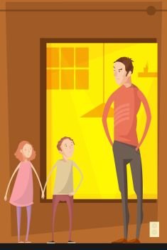 Father Abusing Children Composition. Adults abuse children indoor composition with flat characters of teenager siblings having quarrel with their father vector illustration