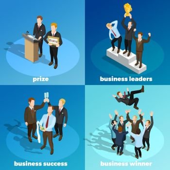 Business Winning Leaders 4 Isometric Icons. Successful leading business projects managers winners concept 4 isometric icons square with prize money award  isolated vector illustration 