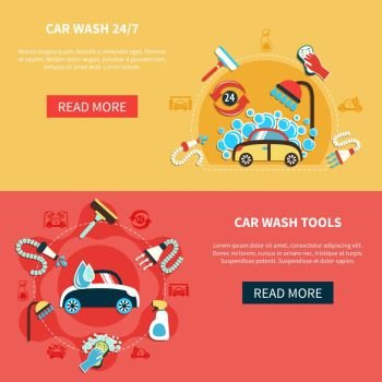 Overnight Car Wash Banners. Set of two horizontal car wash 24/7 banners with doodle compositions and read more button vector illustration