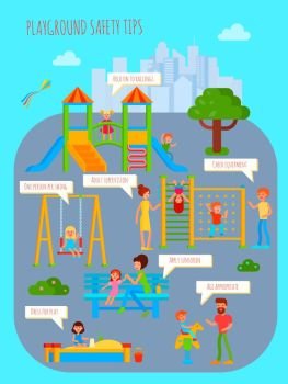 Playground Safety Tips Poster. Playground infographics with flat colorful cartoon childrens playground urban scenery people characters and rectangular thought bubbles vector illustration