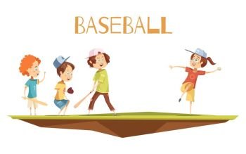 Cartoon Kids Playing Baseball Vector Illustration. Kids playing baseball flat vector illustration in cartoon style with cute characters engaged in game 