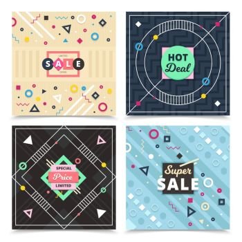 Material Design Concept Banners. Set of square material design banners with compositions of flat ornamental decorative signs and editable text vector illustration