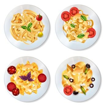 Pasta Dishes Set. Delicious pasta dishes with sauce pepperoni tomatoes olives and herbs realistic set isolated on white background vector illustration