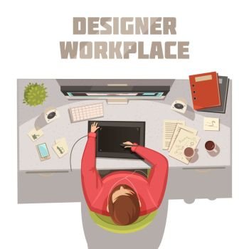 Designer Workplace Cartoon Concept. Designer workplace cartoon concept with coffee books and computer vector illustration