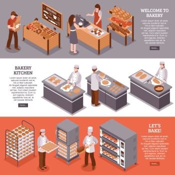 Bakery Isometric Horizontal Banners. Bakery isometric horizontal banners with bakers in bakehouse kitchen equipment for cooking and fresh goods counters in bakery vector illustration  