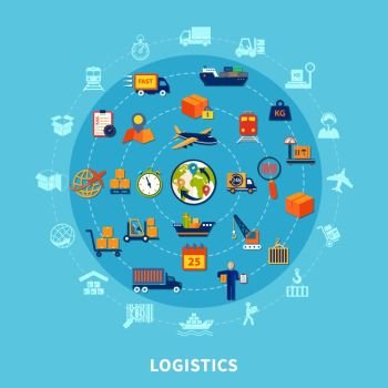 Logistic Round Composition. Logistic flat round composition with isolated icon set combined in big round vector illustration