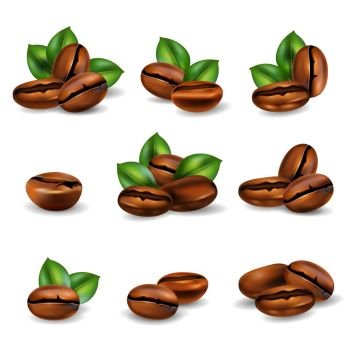 Coffee Beans Realistic Set. Roasted coffee beans with leaves realistic set isolated on white background vector illustration