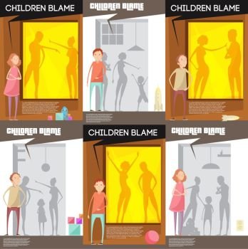 Domestic Altercation Posters Set. Adults abuse children posters set with unhappy teenage child characters watching quarreling parents silhouettes with title vector illustration