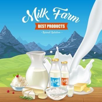 Natural Milk Product Poster. Milk product poster advertising background with wild nature mountain landscape and wooden table with farm diet vector illustration