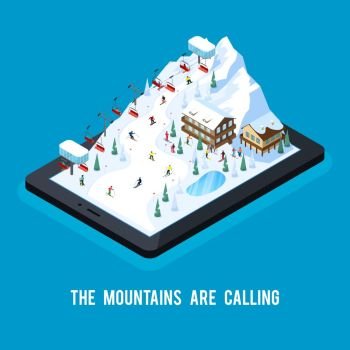Ski Online Resort Concept. Skiing resort isometric conceptual composition with snowy mountain scenery with ropeway on top of tablet screen vector illustration