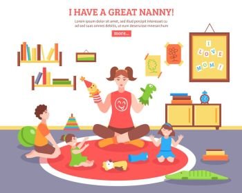 Babysitter Concept Illustration . Babysitter concept  with nanny children and toys in the room  flat vector illustration 