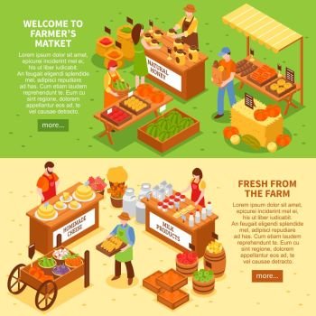Farm Market Banners Set. Market horizontal banners set with sale fresh farm products isometric compositions text and read more button vector illustration