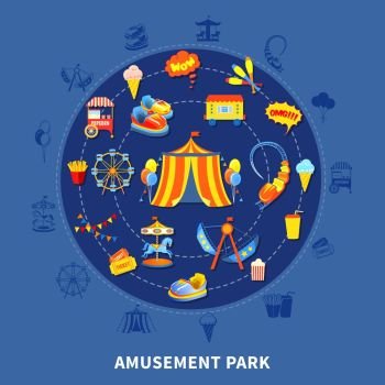 Amusement park set vector illustration. Amusement park presentation layout with big top attractions and food abstract isolated vector illustration