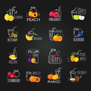 Fresh Fruits Colorful Chalkboard Icons Set . Fresh colorful fruits berries chalkboard menu with pomegranate peach smoothie and coconut blueberry juices advertisement poster vector illustration  