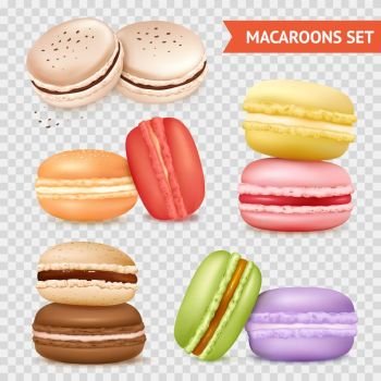 Almond Cookies Transparent Set. Isolated macaroons images set on transparent background with groups of two almond cakes of different colour vector illustration