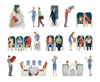 People In Airplane Set. People in airplane set including pilots stewardess passengers on seats or with hand baggage isolated vector illustration 