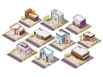 Entertainment Places Set. Entertainment places isometric set with theatre and cinema isolated vector illustration