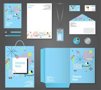 Stationery Corporate Identity Memphis Style. Set of stationery corporate identity memphis style including letterhead notepad business card and badge isolated vector illustration