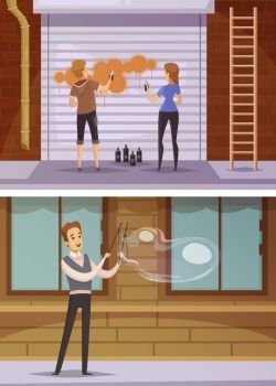 Street Artists Cartoon Horizontal Banners . Street artists cartoon horizontal banners with girls spraying paint on blinds and young man blowing bubbles flat vector illustration  