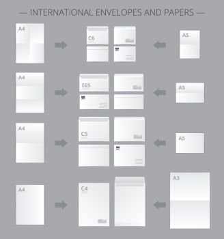 Documents Paper Size Infographics. Paper documents set with realistic images of mail envelopes and suitable blank paper sheets connected by arrows vector illustration