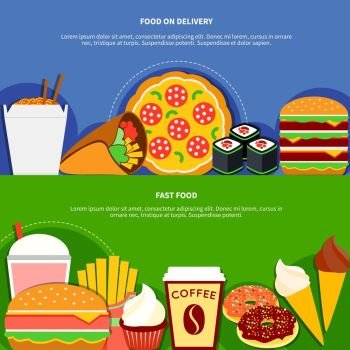 Fast Food Delivery Service  Flat Banners  . Fast food delivery service 2 flat banners advertisement poster with ice cream sushi cheeseburger 2 isolated vector illustration   
