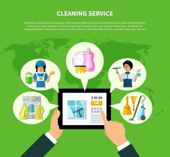 Cleaning Online Application Concept. Tablet house cleaning online store concept with thought bubbles on world map background with editable text vector illustration