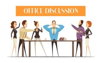 Office Discussion Cartoon Style Illustration. Stylish men and women around wooden table during emotional discussion in office cartoon style vector Illustration