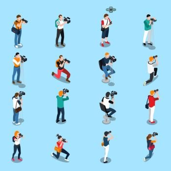 Photographers And Cameramen Isometric Set. Isometric set with photographers and cameramen in various poses with equipment on blue background isolated vector illustration 