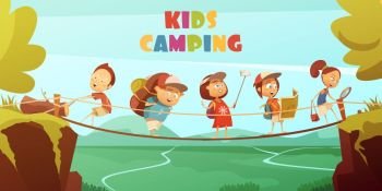 Camping Kids Background . Camping kids background with cliffs valley and bridge cartoon vector illustration 