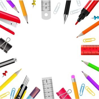 Stationery Realistic Frame. Realistic frame with various stationery objects on white background vector illustration