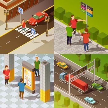 City Navigation Isometric Composition. Colorful city navigation 2x2 isometric composition isolated vector illustration