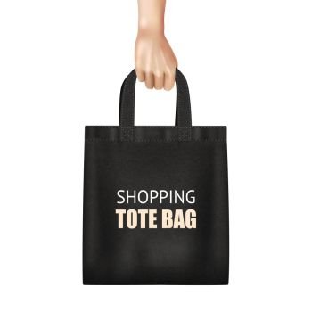 Hand Holding Black Shopping Bag Realistic. Hand holding fashionable black canvas shopping tote bag with lettering realistic close up view vector illustration  