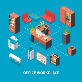 Office Workplace Background Concept. Office workplaces conceptual background with isometric furniture desktop accounting and business machinery connected with dashed lines vector illustration