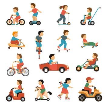 Kids Transport Icons Set. Kids transport icons set with active games symbols flat isolated vector illustration