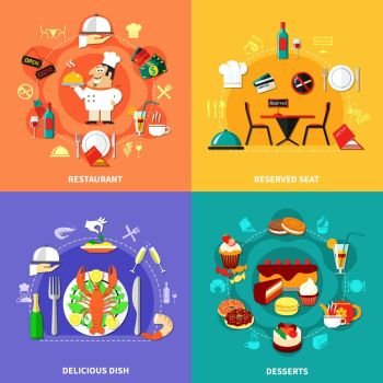 Food Spot Compositions Set. Four square restaurant design concept set with flat compositions of dish icons payment symbols and cook vector illustration