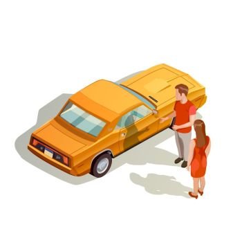 Car Kit Isometric Composition. Car kit isometric images composition with male and female characters near realistic orange automobile with shadows vector illustration