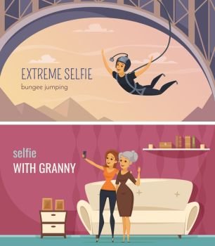 Selfie Banners Set. Selfie horizontal banners set with extreme and family selfie symbols flat isolated vector illustration