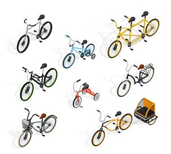 Push Cycles Isometric Set. Bicycle isometric set of isolated adult and kids bike images with tandem cycle and burley cub vector illustration