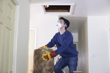 Man Climbing Into Loft To  Insulate House Roof 