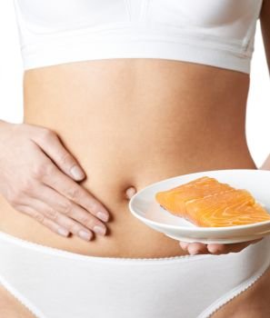 Close Up Of Woman In Underwear Plate Of Salmon And Touching Stomach