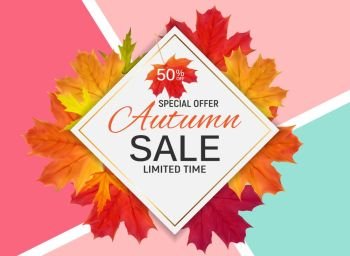 y2017-09-05-09. Shiny Autumn Leaves Sale Banner. Business Discount Card. Vector Illustration EPS10