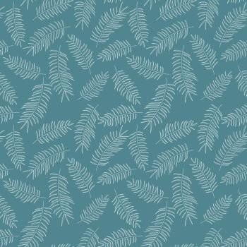 Seamless pattern with white tropical leaves on blue background, vector illustration