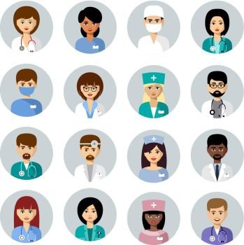 Set of medical avatars in a circle. Team of doctors. Vector