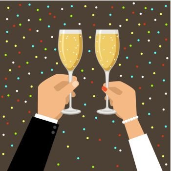 Hands holding champagne and wine glasses,  celebrating. Vector illustration