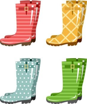 Set of gumboots on a white background. Autumn footwear. Vector