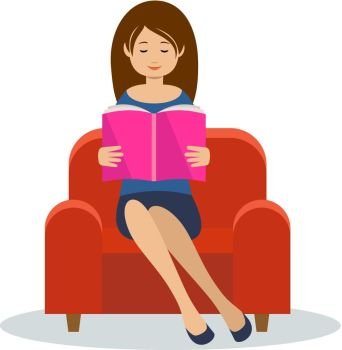 Young woman reads sitting in a chair. Vector illustration