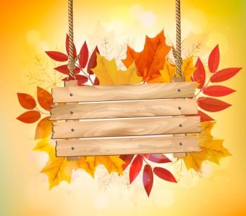 Autumn background with leaves. and wooden sign. Vector.