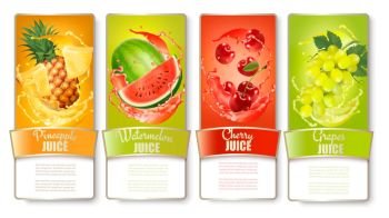 Set of labels of of fruit in juice splashes. Pineapple, watermelon, cherry, grapes. Vector.